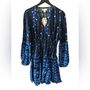 Band Of Gypsies Long Sleeve Mini Floral Ruffle Dress Black Blue Sz Small